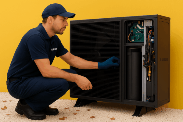 warmtepomp onderhoud professioneel Technieker voert professioneel warmtepomp onderhoud uit met controle van koelvloeistof en onderdelen